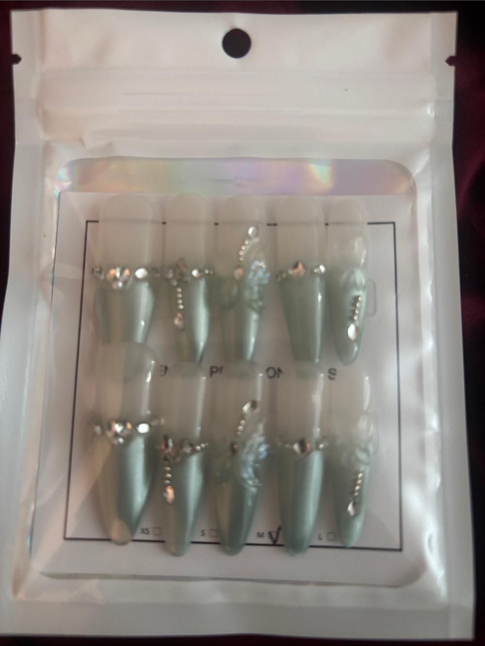 Press-On Stiletto Nails with Silver Rhinestones - Mint Green